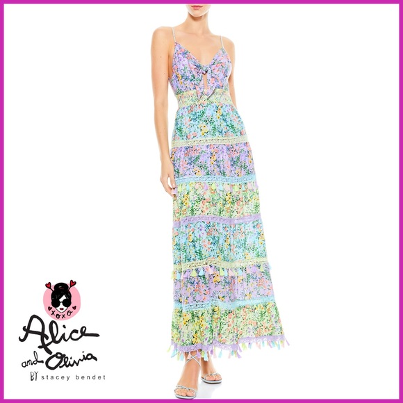 Alice + Olivia Karolina Smocked Waist Floral Tie Front Maxi Dress - Picture 4 of 16